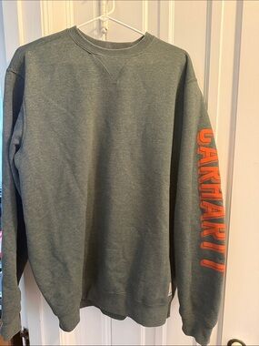 Carhartt Men's Gray Green Crewneck Sweatshirt with Orange Sleeve Logo